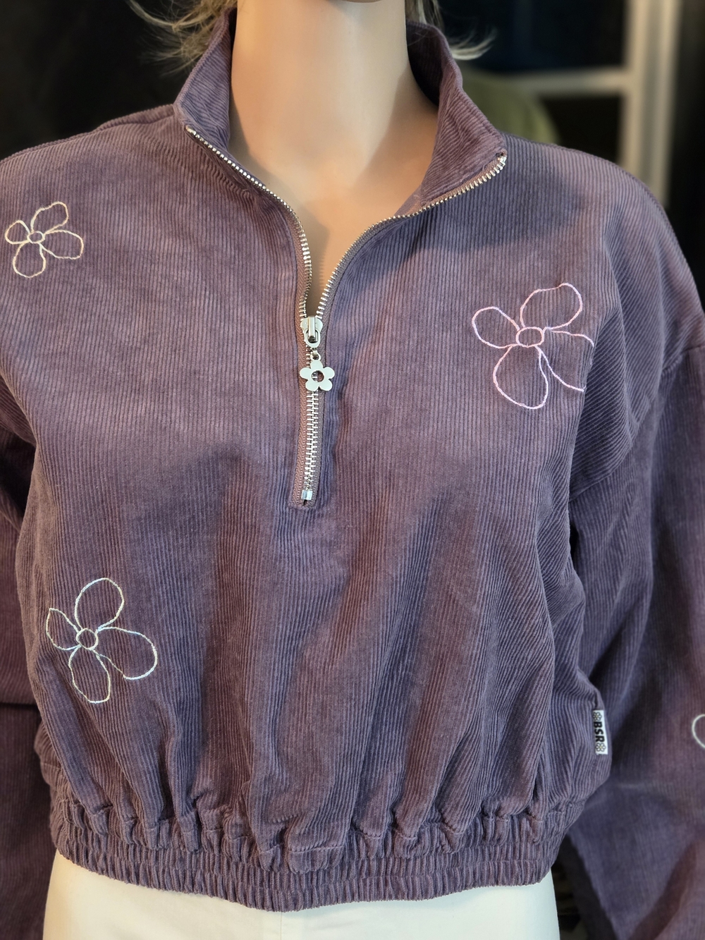 Corduroy Half-Zip Jean Jacket with Floral Embroidery - Purple